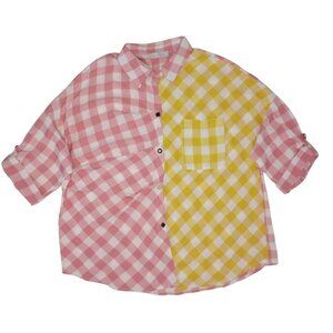 Atikshop Button-Up Shirt Pink & Yellow Gingham Colorblock Front Pocket Womens